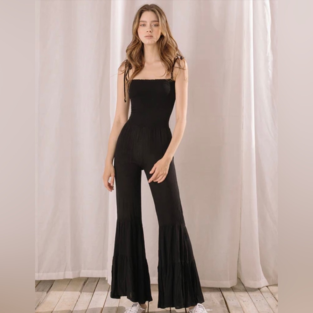 Boho Super flare black jumpsuit ruffled palazzo